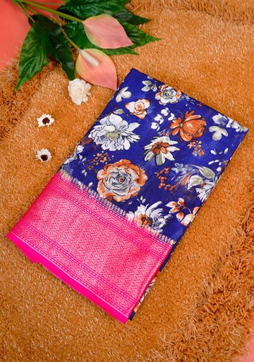 Navy With Dark Pink Color Dola Saree - DO36