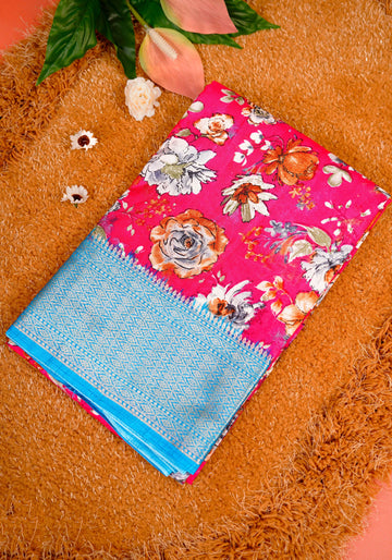 Floral Pattern Dola Silk Saree With Woven Border - Red