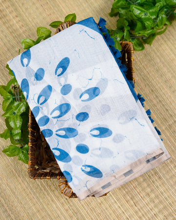 Linen Cotton Saree with Abstract Print - White