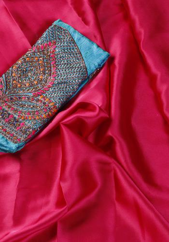 Dark Pink Colour Satin Saree With Embroidered Blouse Piece Two