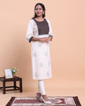Women's Designer Geometric Yoke Design Straight Kurta with Thread Work - Cream