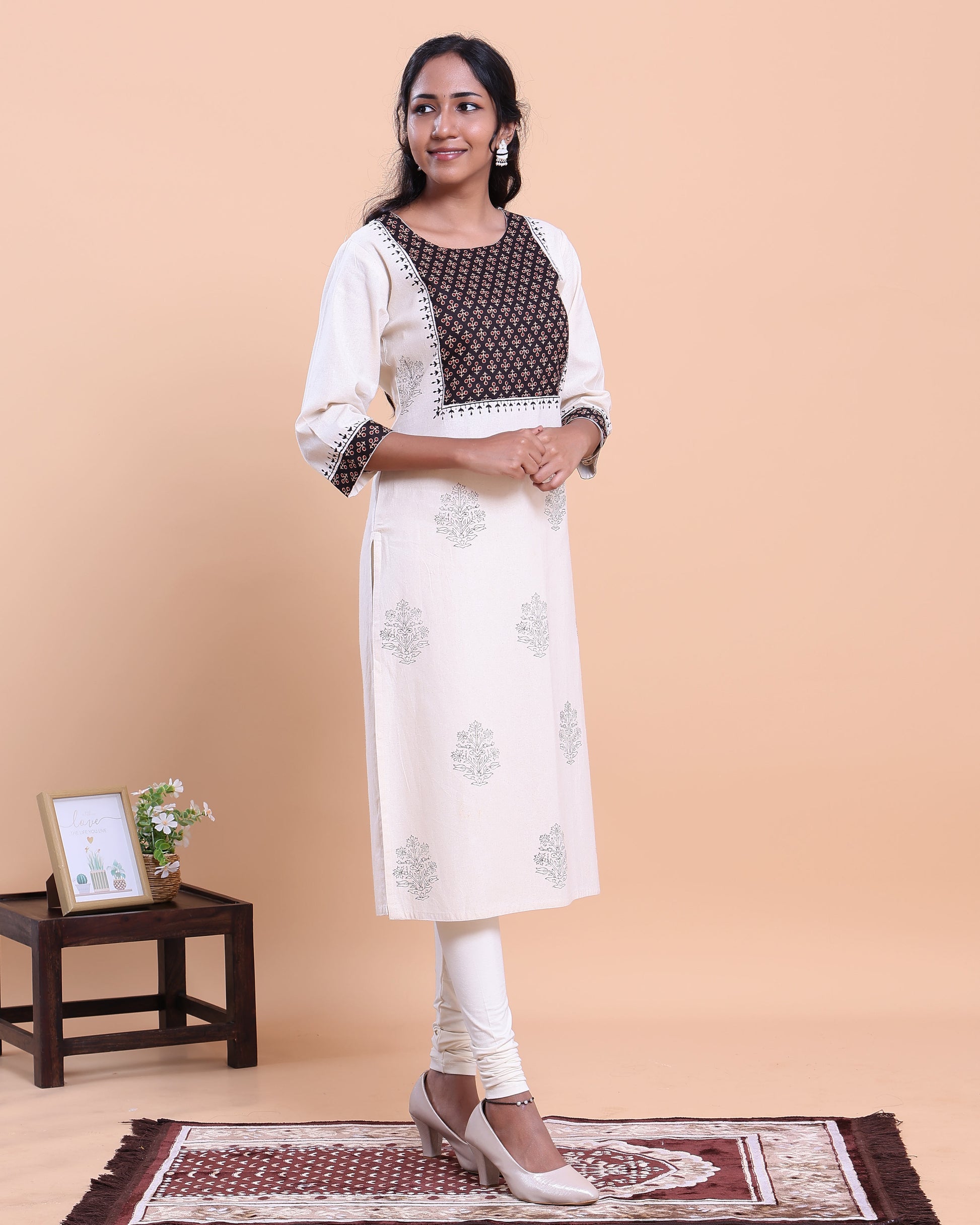 Women's Designer Geometric Yoke Design Straight Kurta with Thread Work - Cream