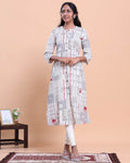 Designer Women's A-Line Kurta with Geometric Print and 3/4 Sleeves - Off White