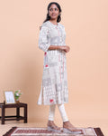 Designer Women's A-Line Kurta with Geometric Print and 3/4 Sleeves - Off White