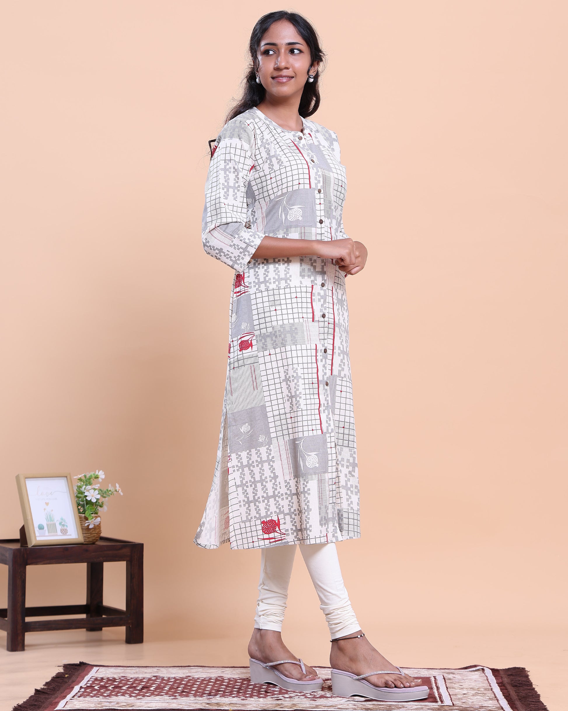 Designer Women's A-Line Kurta with Geometric Print and 3/4 Sleeves - Off White
