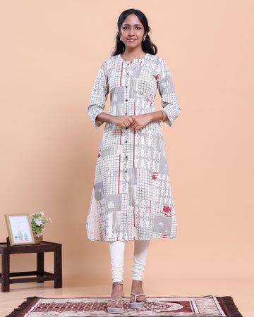 Designer Women's A-Line Kurta with Geometric Print and 3/4 Sleeves - Off White