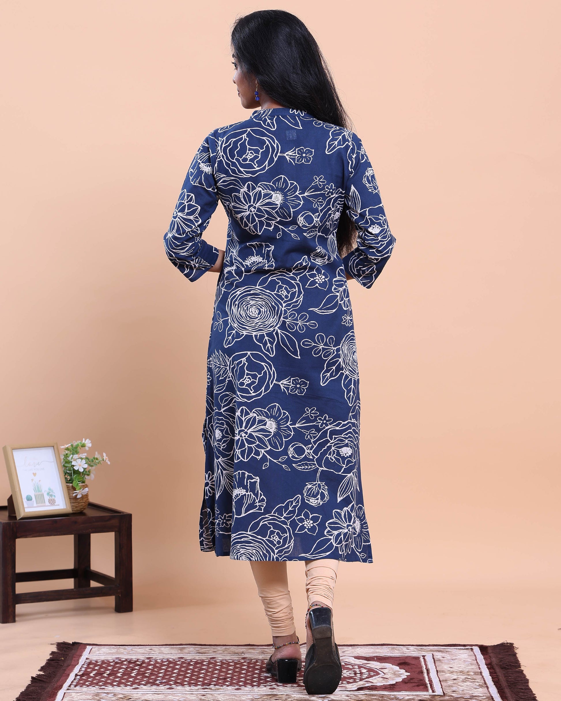 Designer Women's Floral Print Straight Kurta with Mandarin Collar - Navy Blue