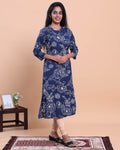 Designer Women's Floral Print Straight Kurta with Mandarin Collar - Navy Blue