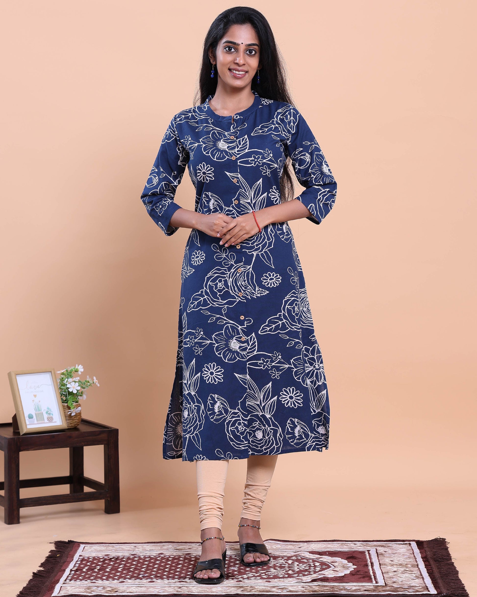 Designer Women's Floral Print Straight Kurta with Mandarin Collar - Navy Blue