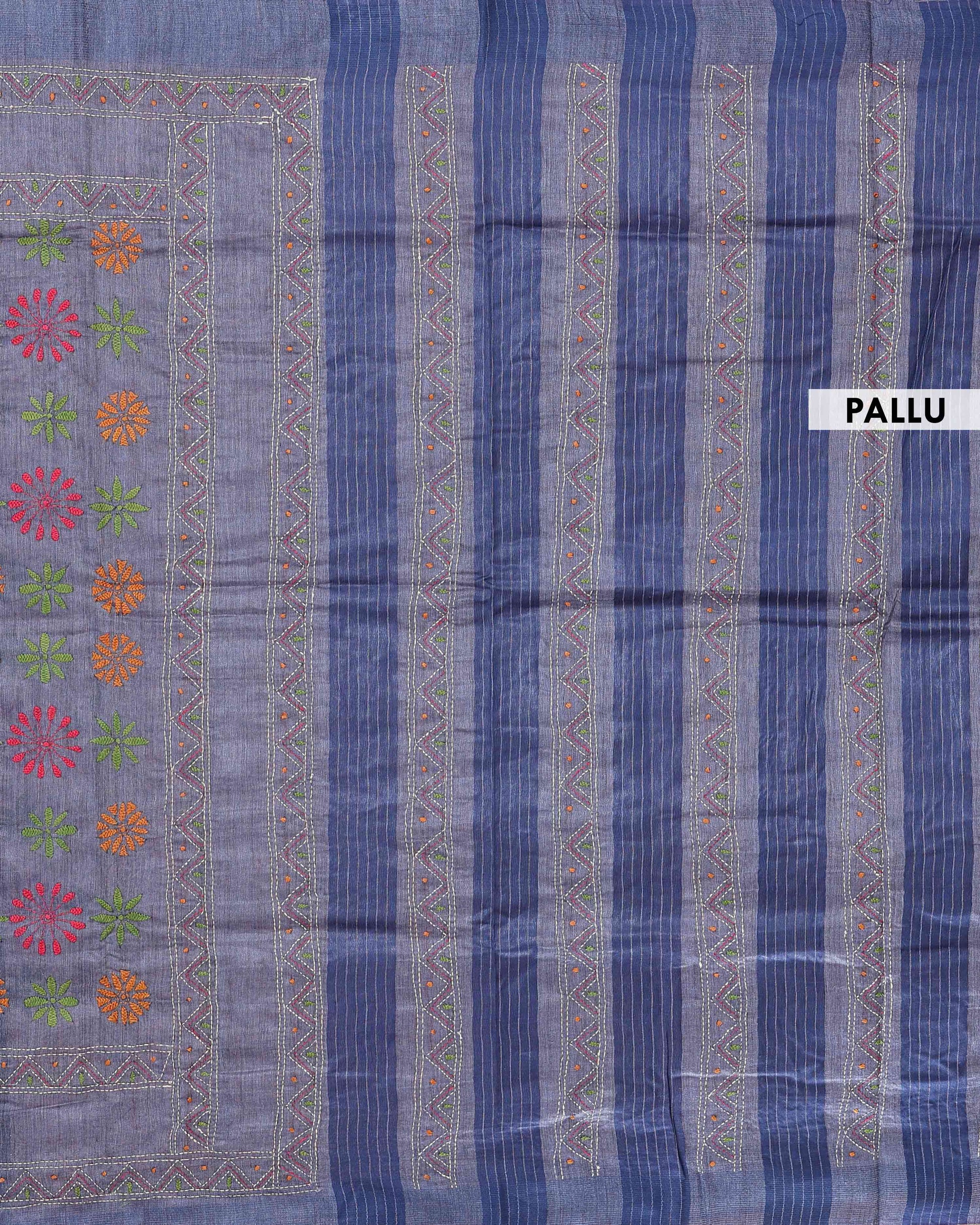 Eleagnt Kantha Work Saree with Floral and Geometric Motifs - Blue