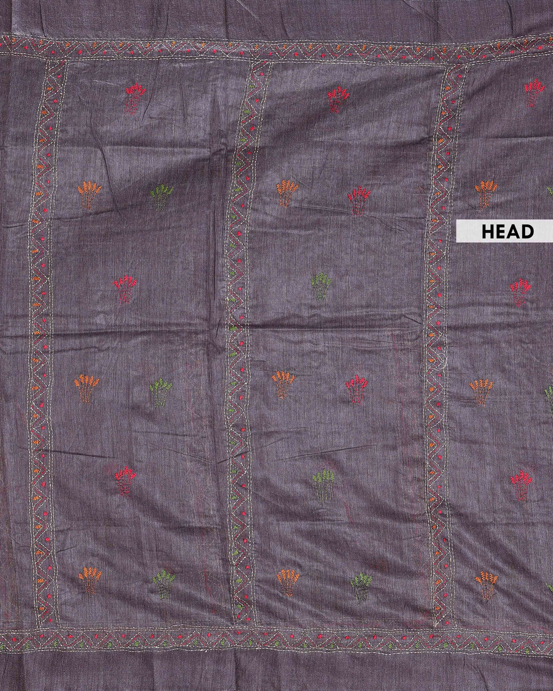 Eleagnt Kantha Work Saree with Floral and Geometric Motifs - Dark Grey