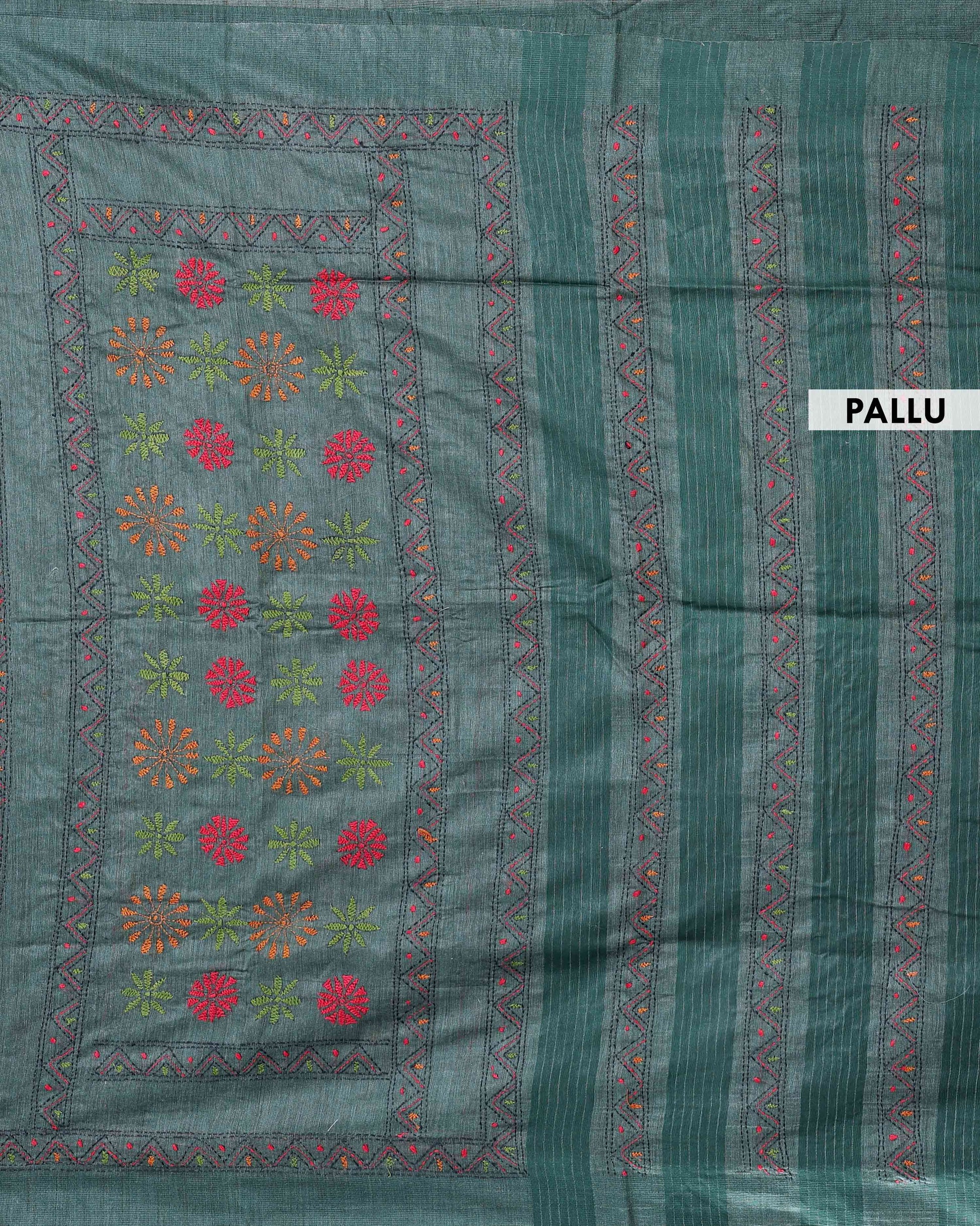 Eleagnt Kantha Work Saree with Floral and Geometric Motifs - Green