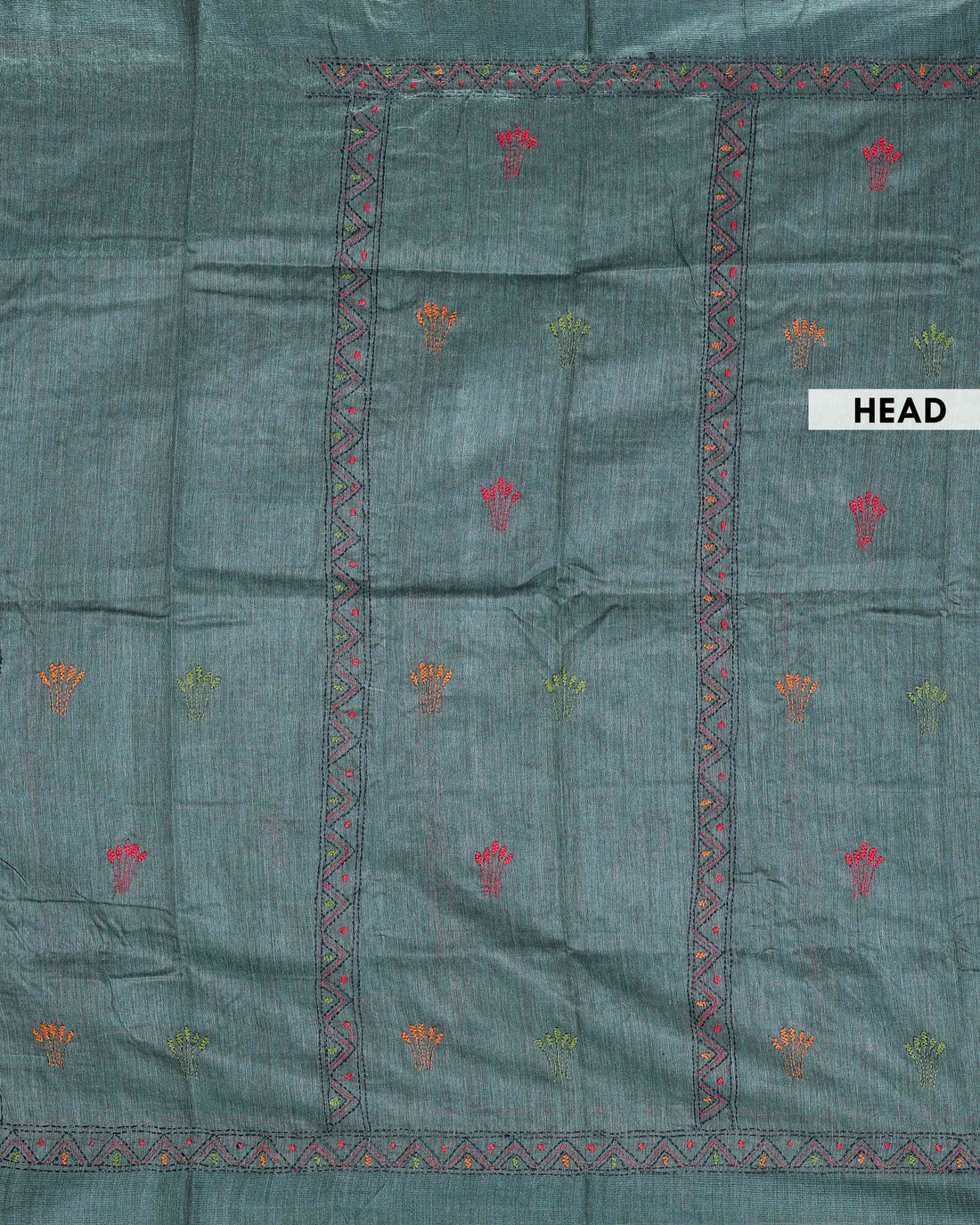 Eleagnt Kantha Work Saree with Floral and Geometric Motifs - Green