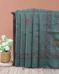 Eleagnt Kantha Work Saree with Floral and Geometric Motifs - Green