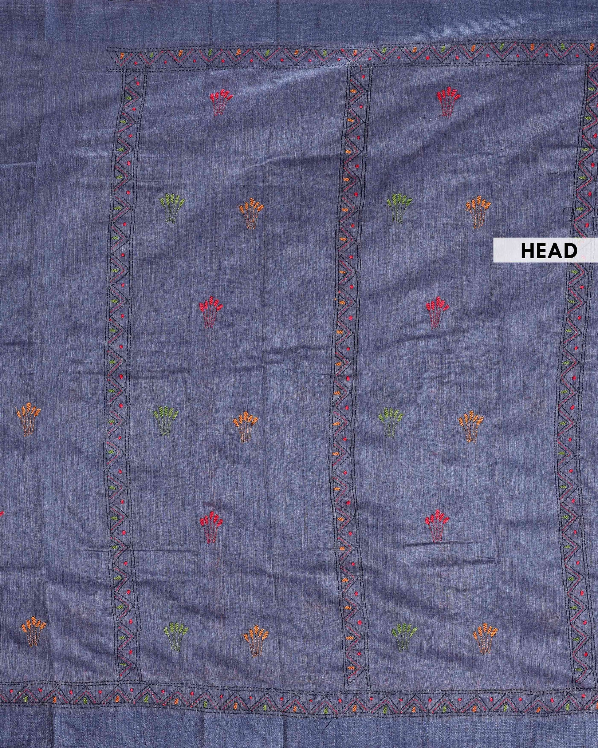 Eleagnt Kantha Work Saree with Floral and Geometric Motifs - Light Blue