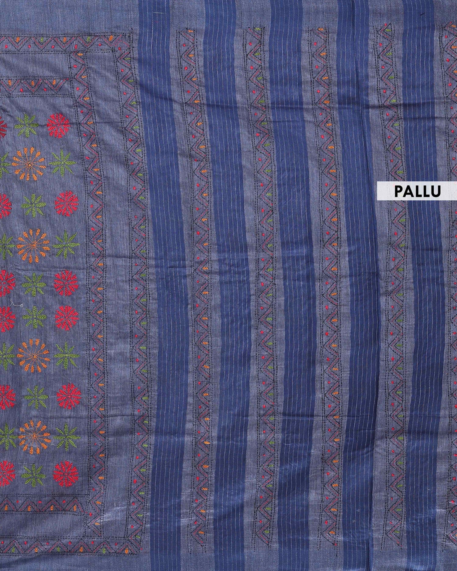 Eleagnt Kantha Work Saree with Floral and Geometric Motifs - Light Blue
