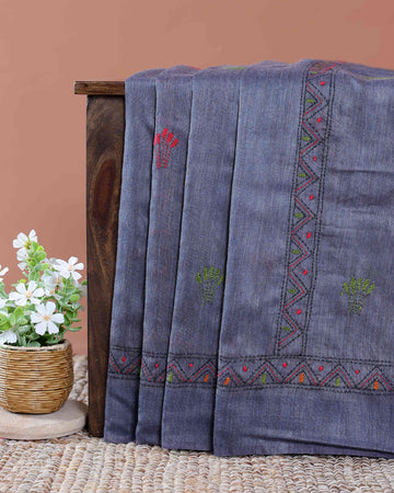 Eleagnt Kantha Work Saree with Floral and Geometric Motifs - Light Blue