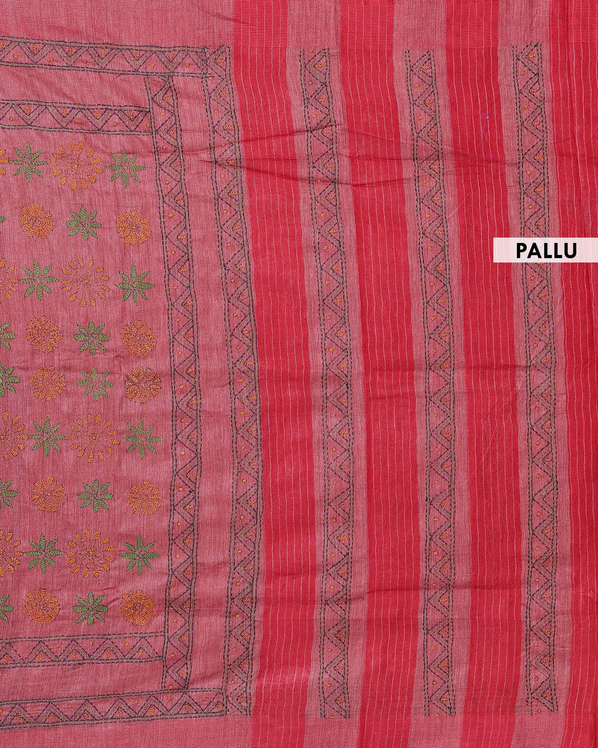 Eleagnt Kantha Work Saree with Floral and Geometric Motifs - Light Red