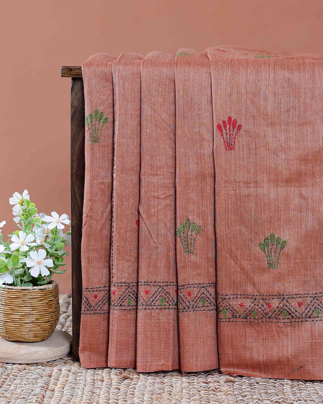 Eleagnt Kantha Work Saree with Floral and Geometric Motifs - Orange