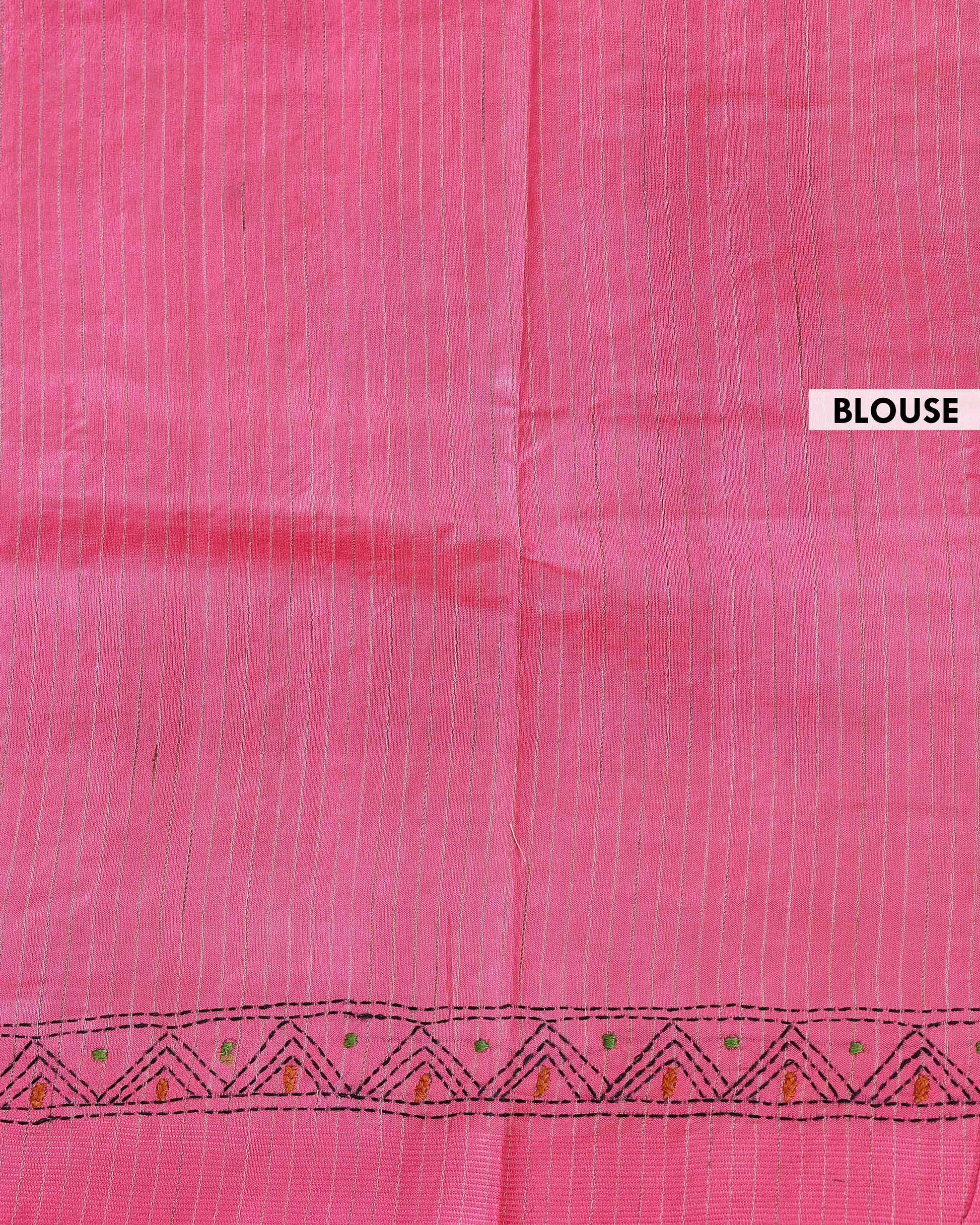 Eleagnt Kantha Work Saree with Floral and Geometric Motifs - Pink