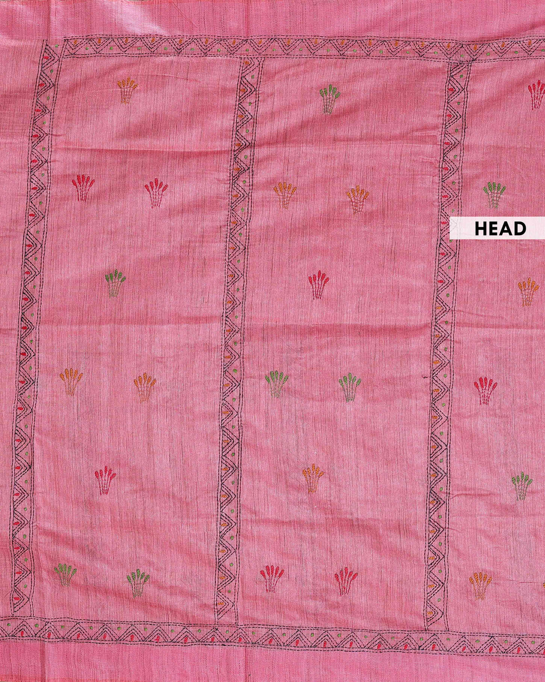 Eleagnt Kantha Work Saree with Floral and Geometric Motifs - Pink