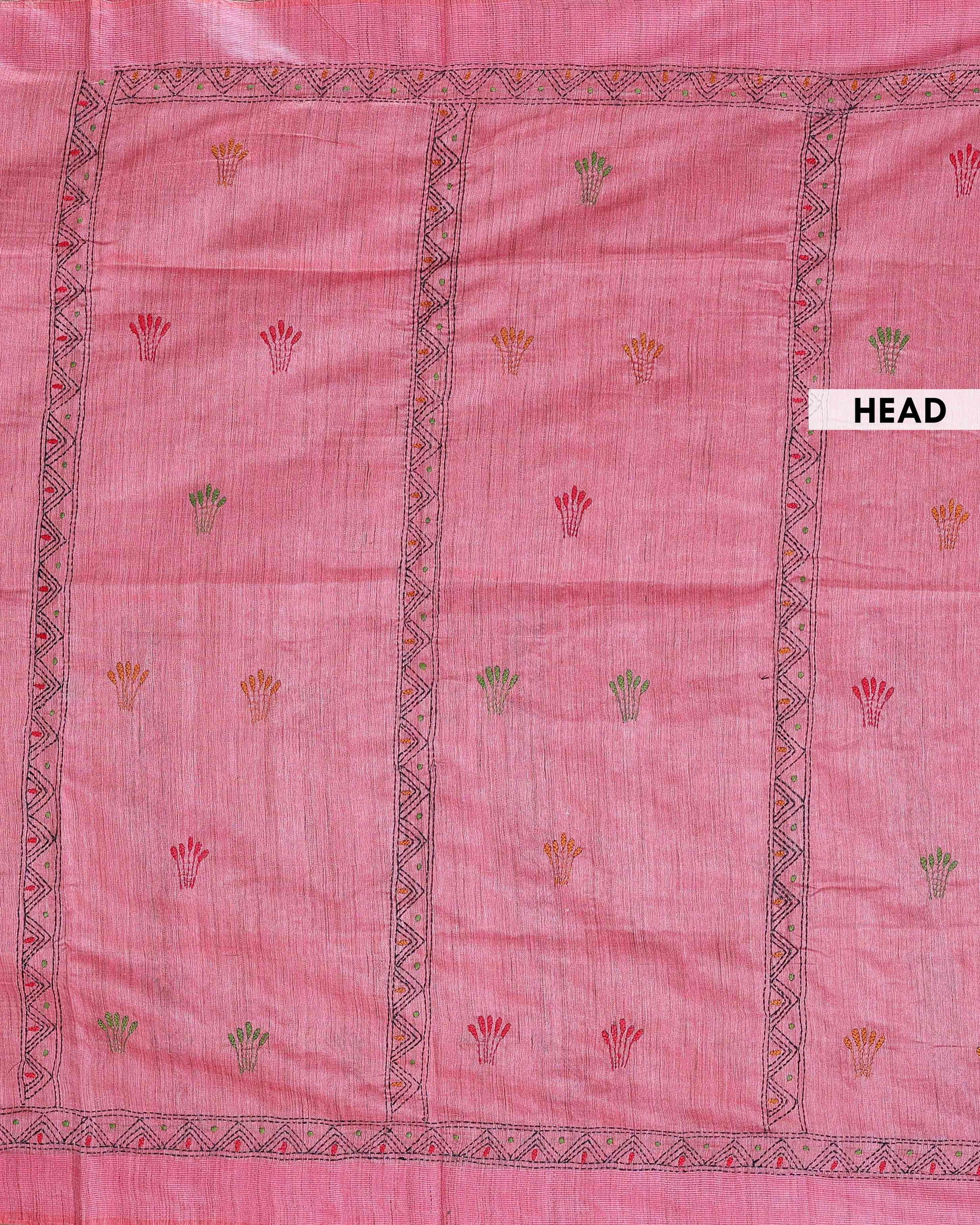 Eleagnt Kantha Work Saree with Floral and Geometric Motifs - Pink