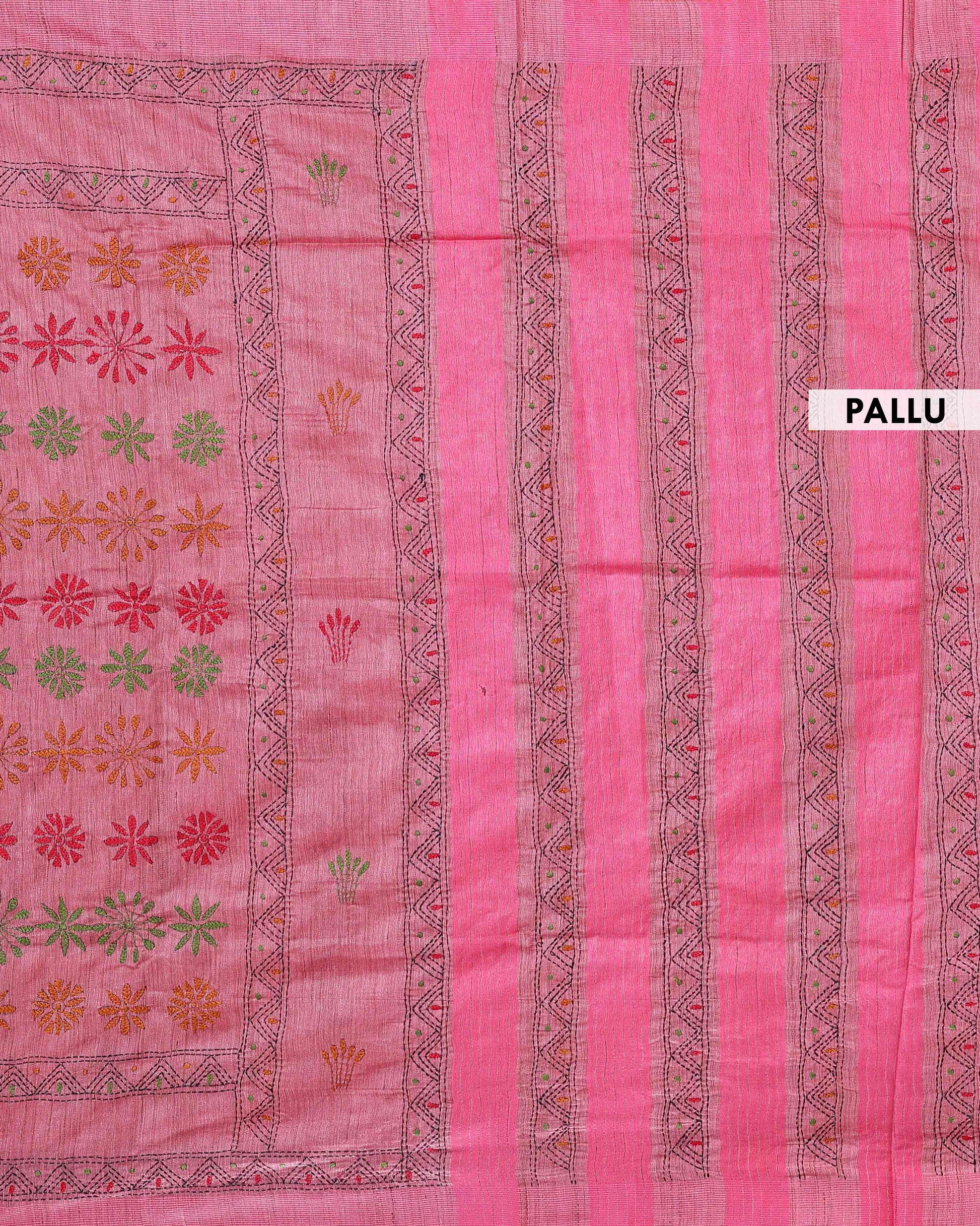 Eleagnt Kantha Work Saree with Floral and Geometric Motifs - Pink