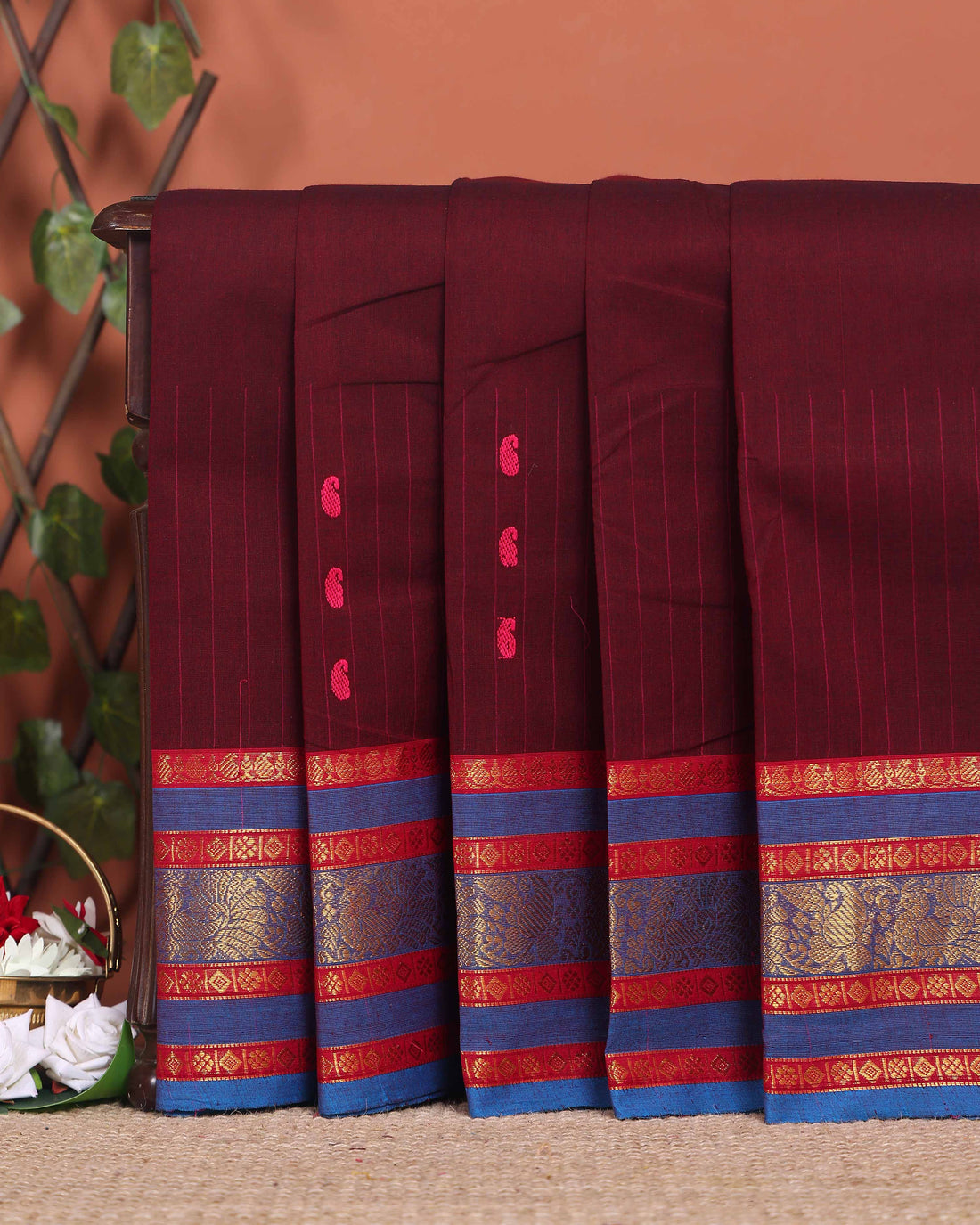 Elegant Chettinad Cotton Saree with Contrast Border and Grid Pattern - Dark Maroon