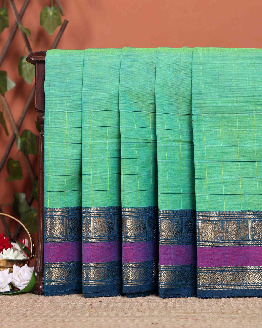 Elegant Chettinad Cotton Saree with Contrast Border and Grid Pattern - Green