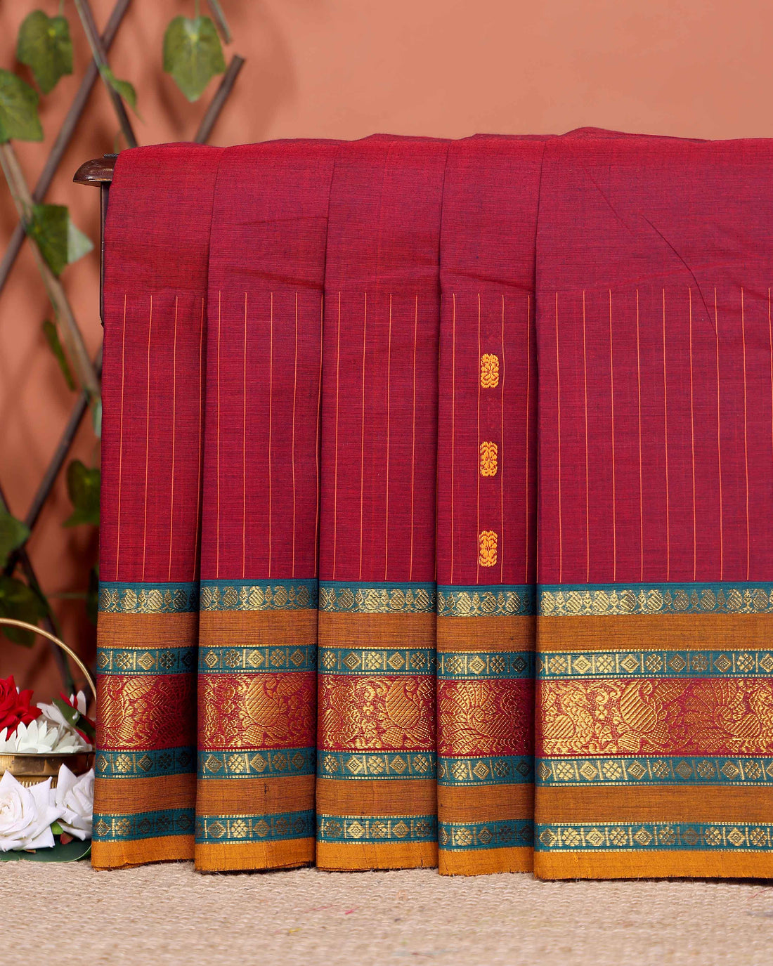 Elegant Chettinad Cotton Saree with Contrast Border and Grid Pattern - Maroon