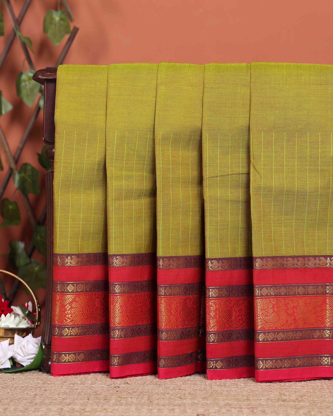 Elegant Chettinad Cotton Saree with Contrast Border and Grid Pattern - Olive Green