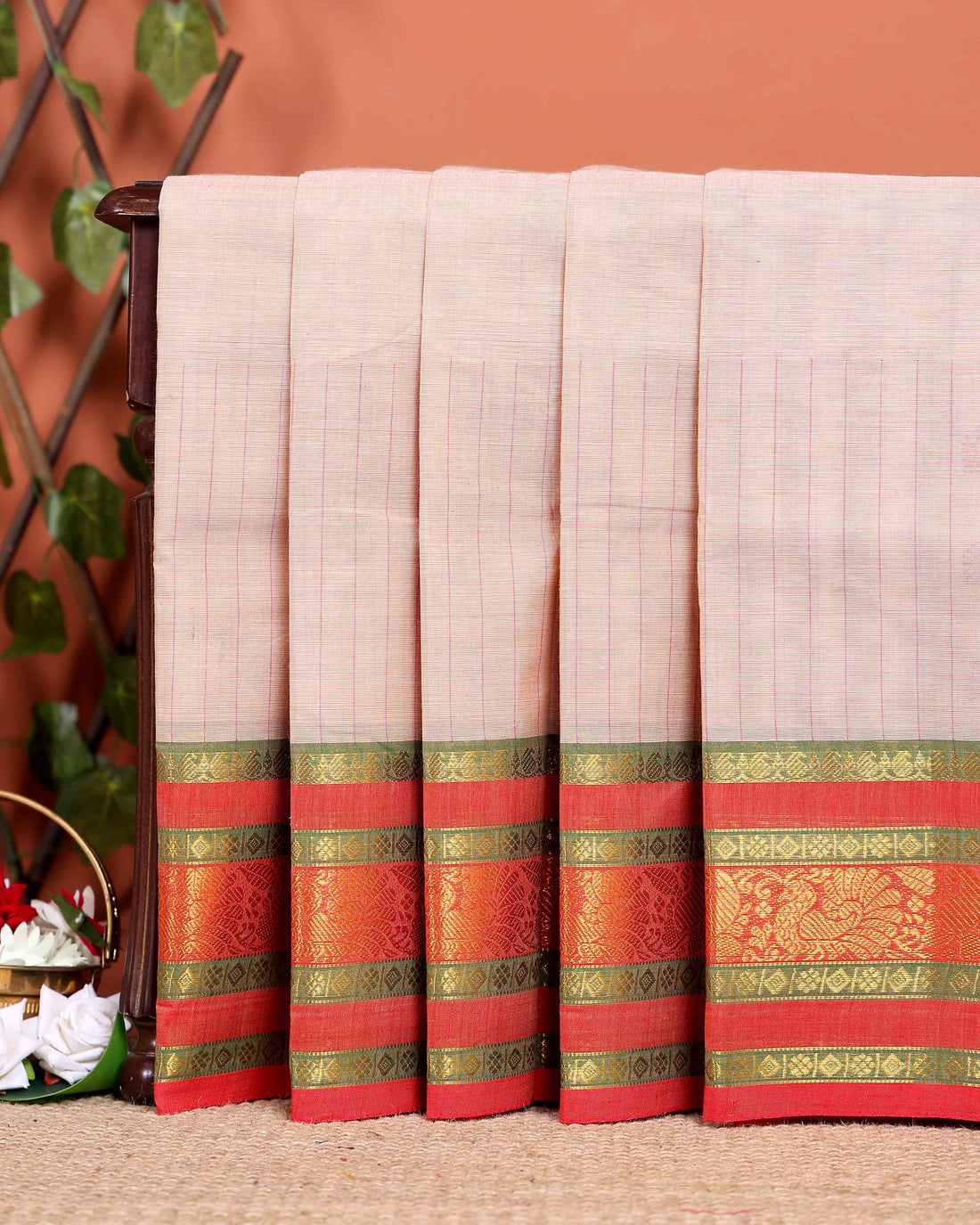 Elegant Chettinad Cotton Saree with Contrast Border and Grid Pattern - Sandal