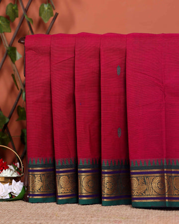 Elegant Chettinad Cotton Saree with Traditional Zari Border and Peacock Motifs - Maroon