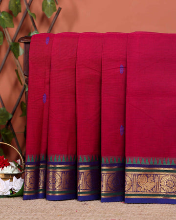 Elegant Chettinad Cotton Saree with Traditional Zari Border and Peacock Motifs - Red