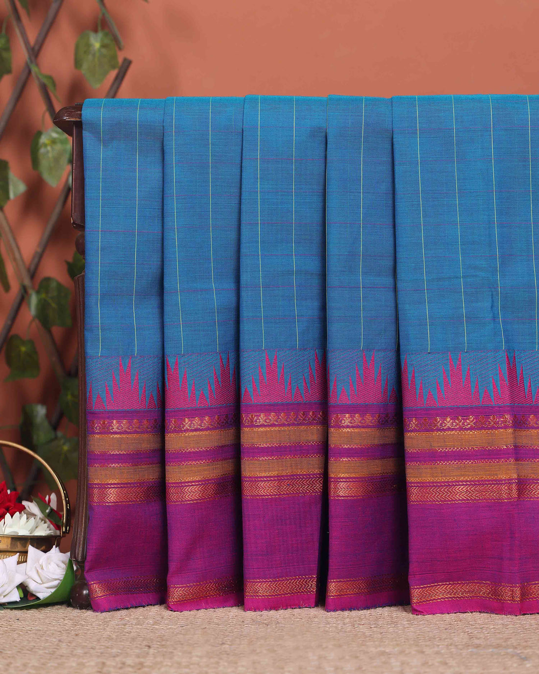 Elegant Chettinad Handloom Cotton Saree with Striped Body and Temple Border - Blue