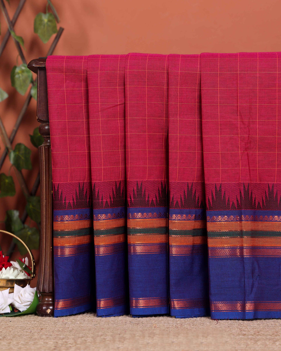 Elegant Chettinad Handloom Cotton Saree with Striped Body and Temple Border - Dark Pink