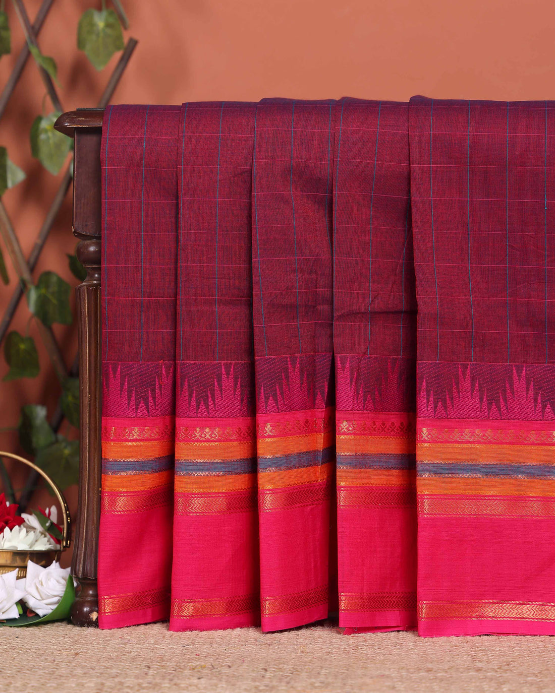 Elegant Chettinad Handloom Cotton Saree with Striped Body and Temple Border - Maroon