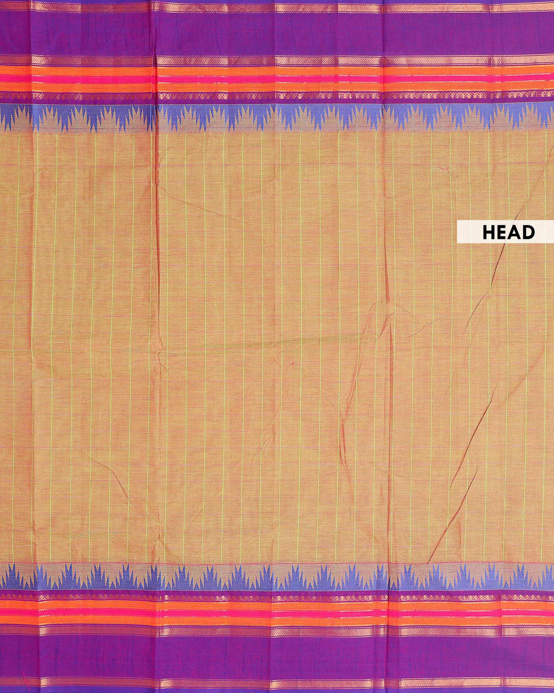 Elegant Chettinad Handloom Cotton Saree with Striped Body and Temple Border - Olive Green