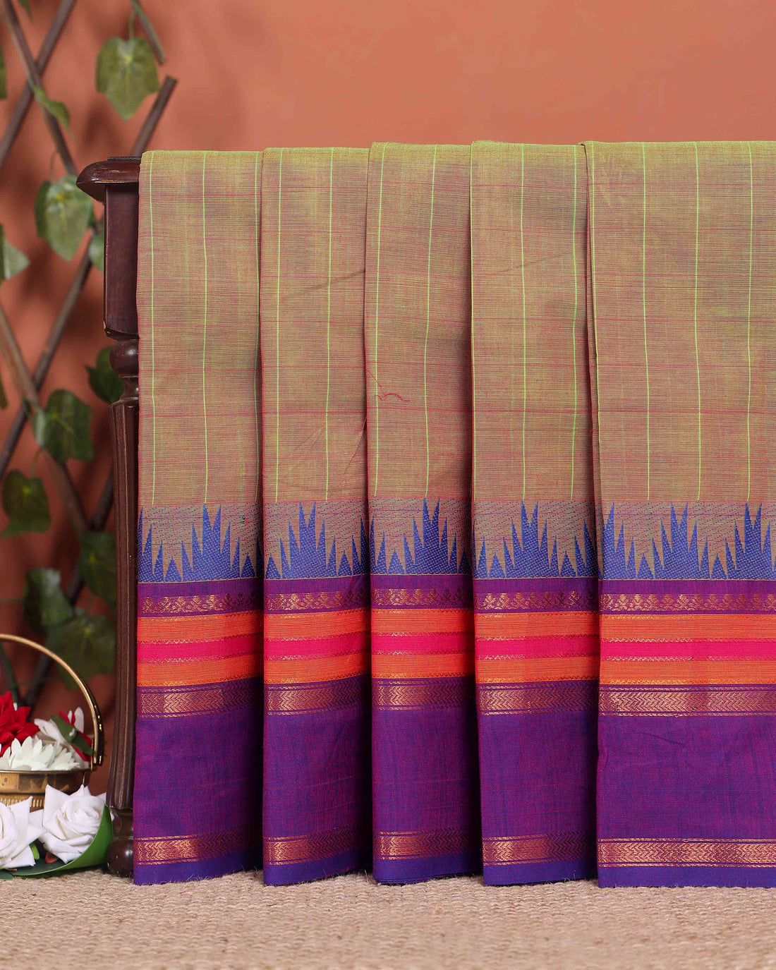 Elegant Chettinad Handloom Cotton Saree with Striped Body and Temple Border - Olive Green