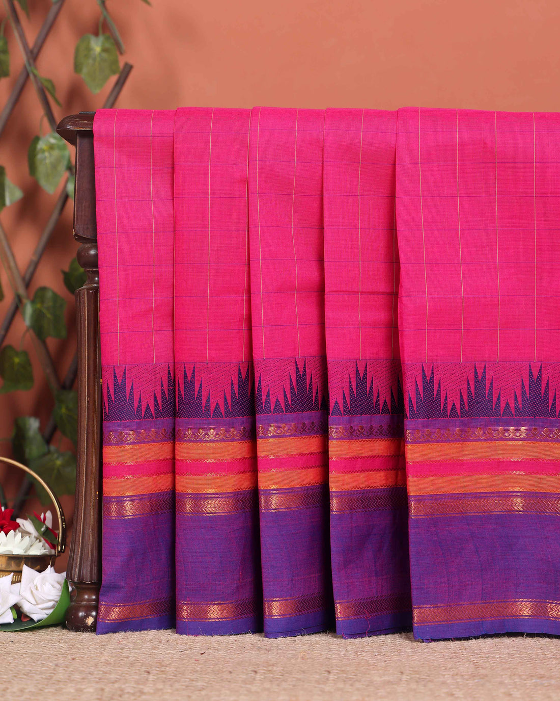 Elegant Chettinad Handloom Cotton Saree with Striped Body and Temple Border - Pink