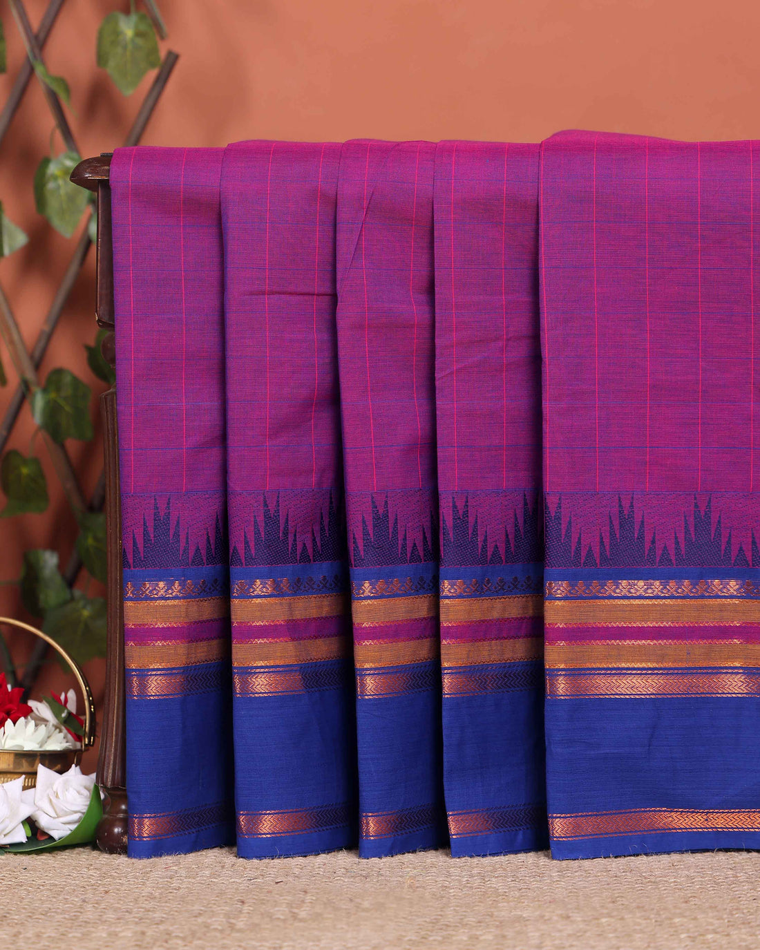 Elegant Chettinad Handloom Cotton Saree with Striped Body and Temple Border - Purple