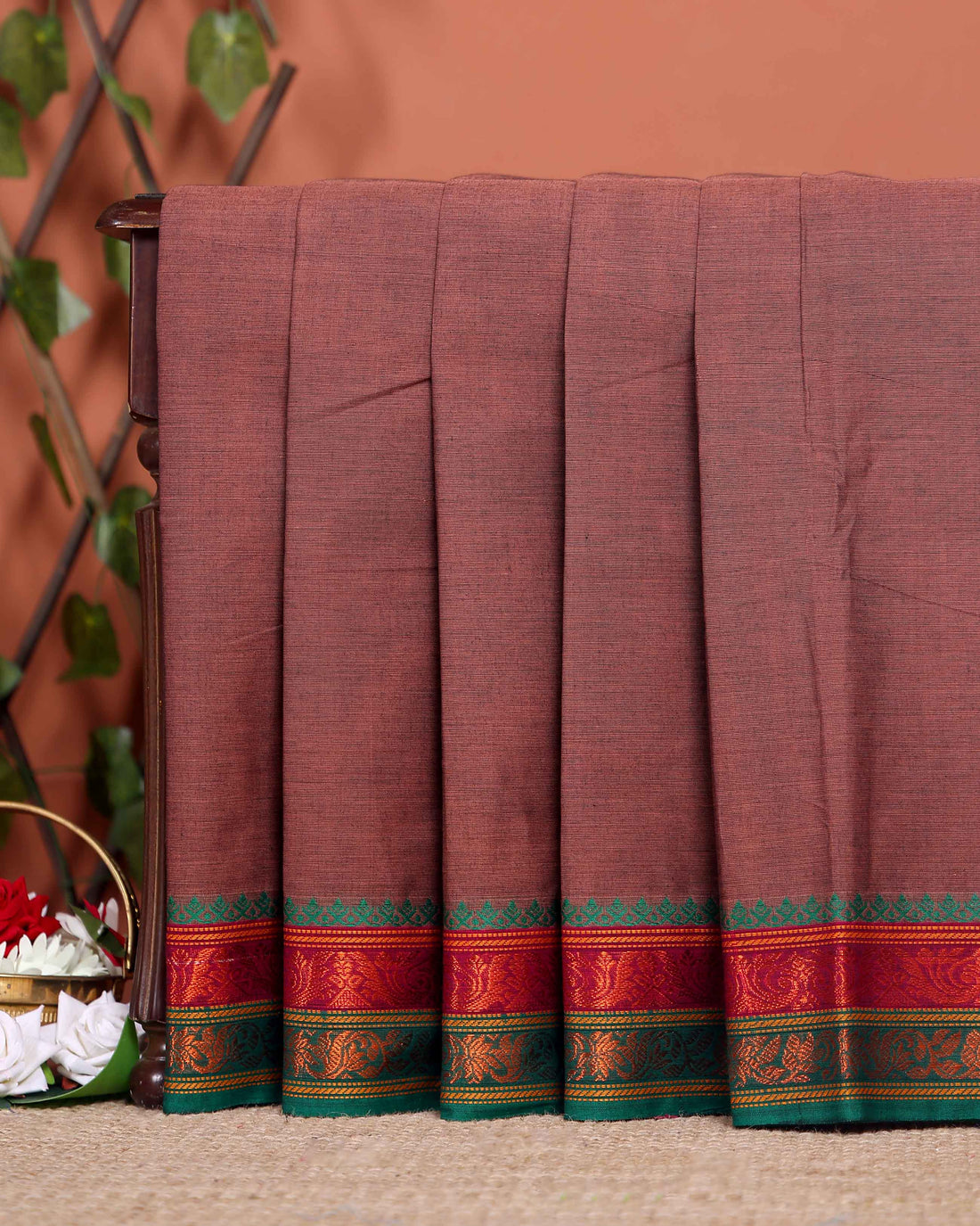 Elegant Chettinad Handloom Saree with Temple Border Design - Dark Brown