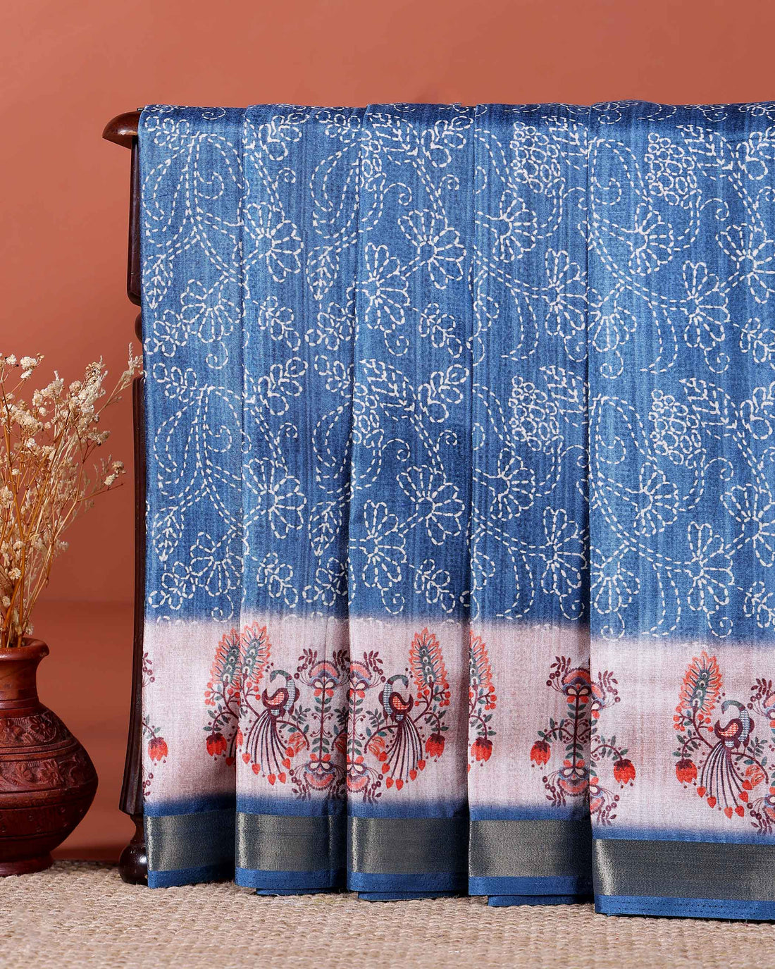 Elegant Dola Saree with Intricate Floral and Peacock Motif Border -Blue