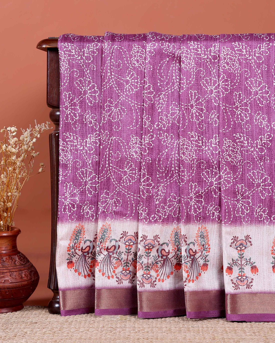Elegant Dola Saree with Intricate Floral and Peacock Motif Border - Purple