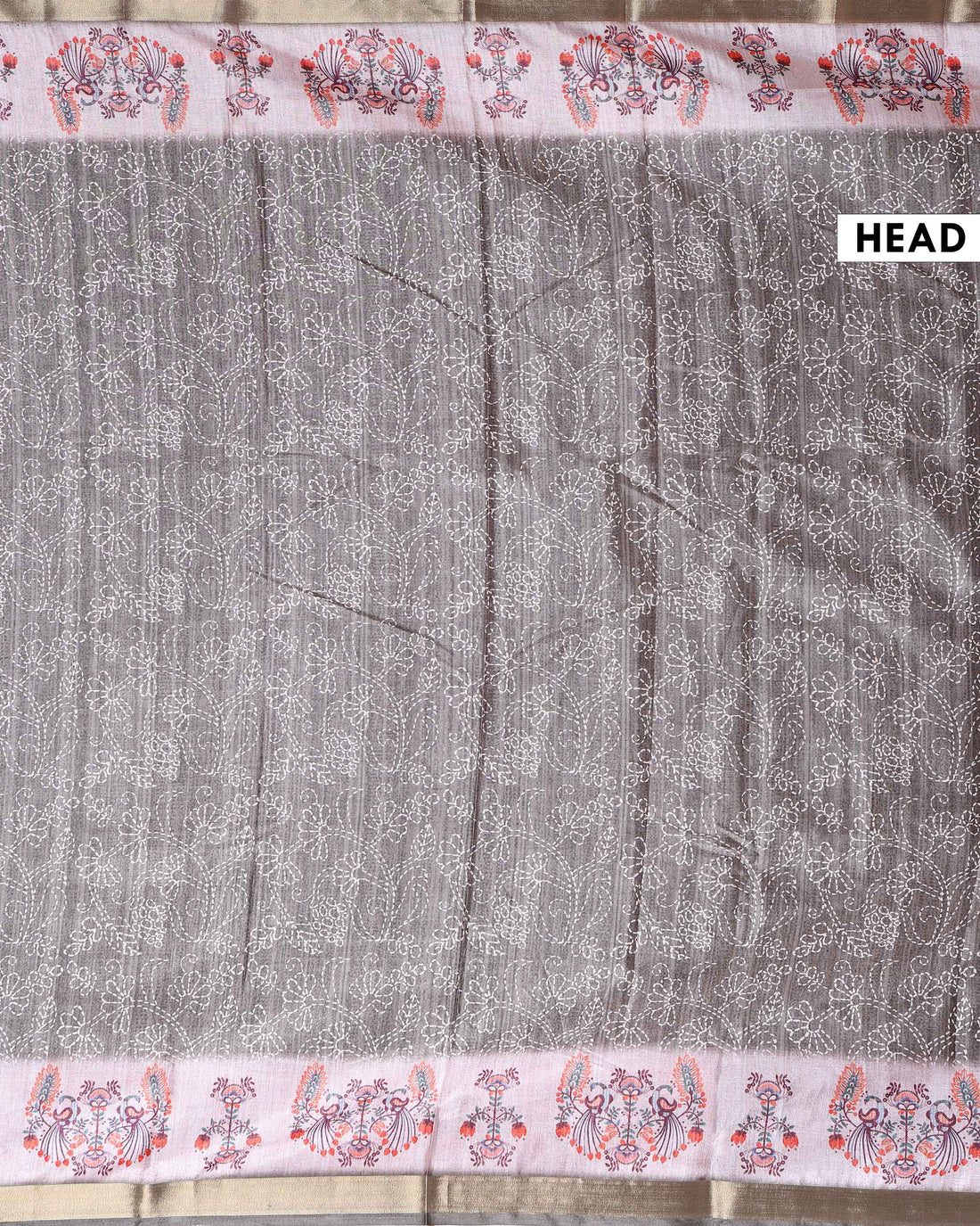 Elegant Dola Saree with Kantha Embroidery and Printed Pallu - Brown