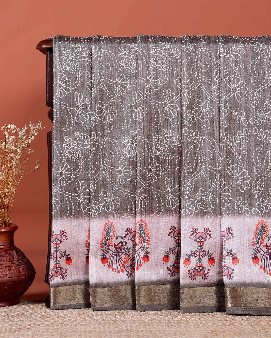 Elegant Dola Saree with Kantha Embroidery and Printed Pallu - Brown