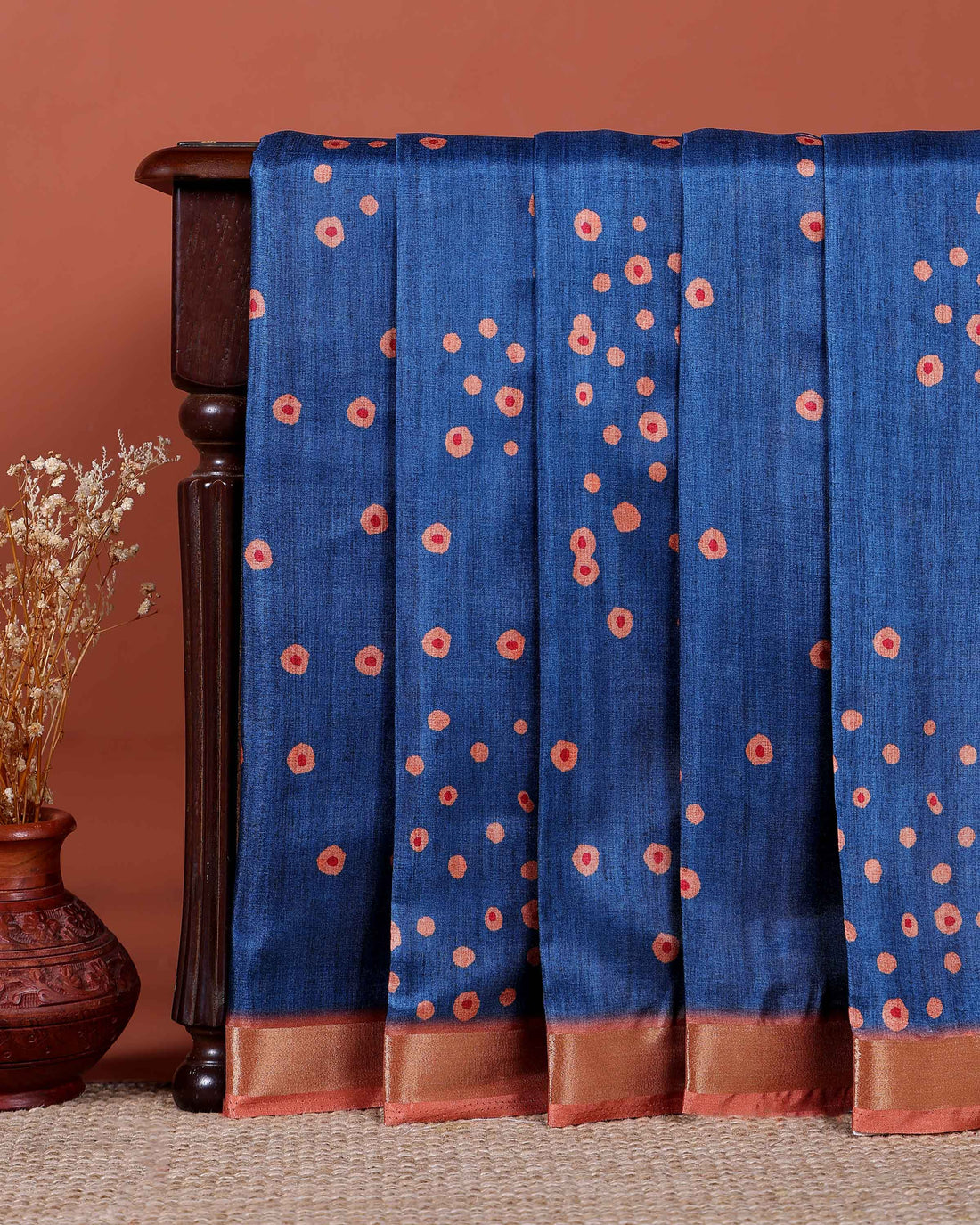Elegant Dola Saree with Woven Polka Dot Motifs and Detailed Floral - Blue