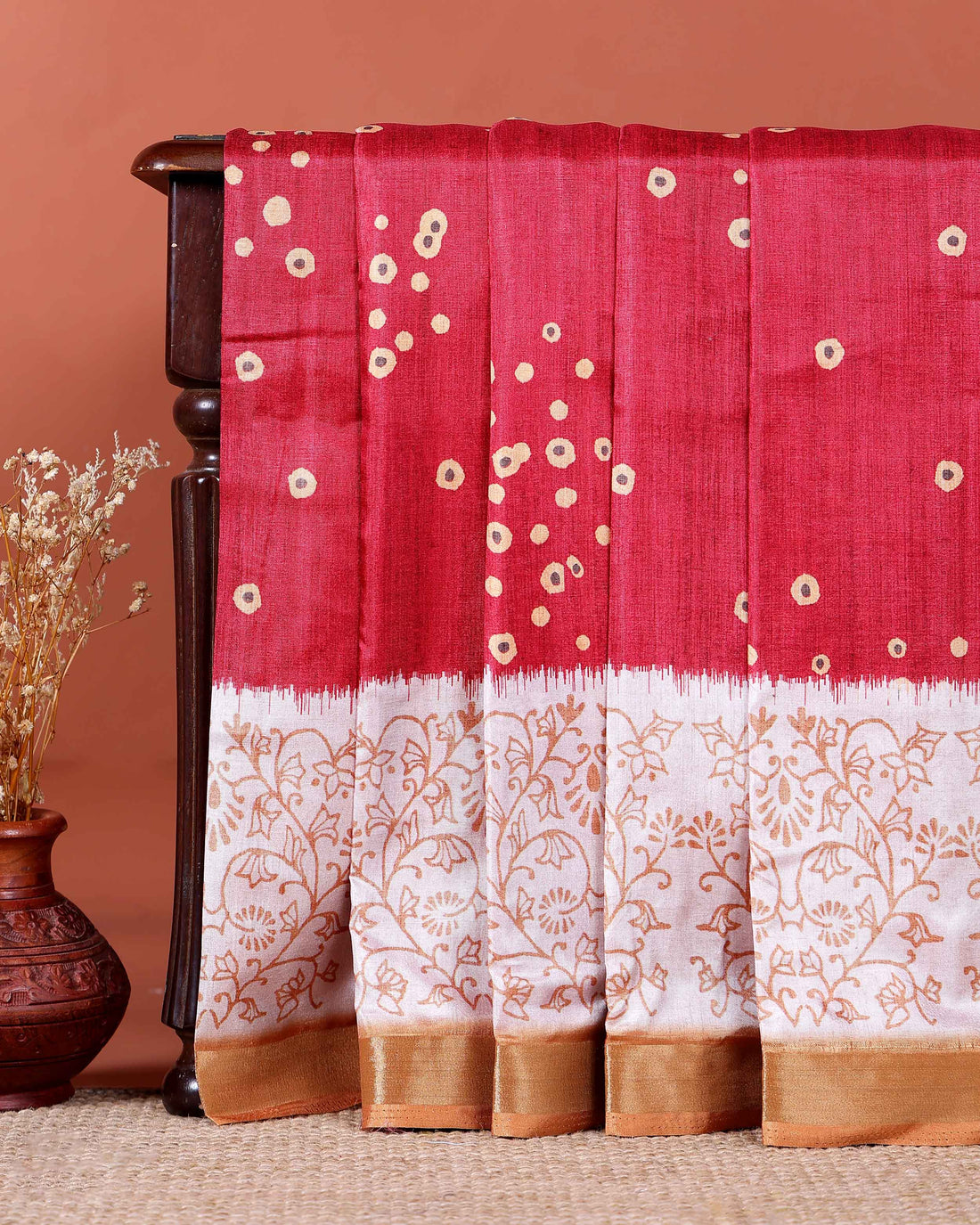 Elegant Dola Saree with Woven Polka Dot Motifs and Detailed Floral - Red