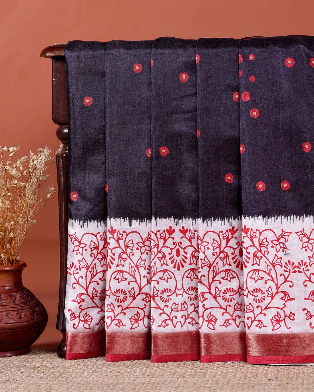 Elegant Dola Saree with Woven Polka Dot Motifs and Detailed Floral Border - Black