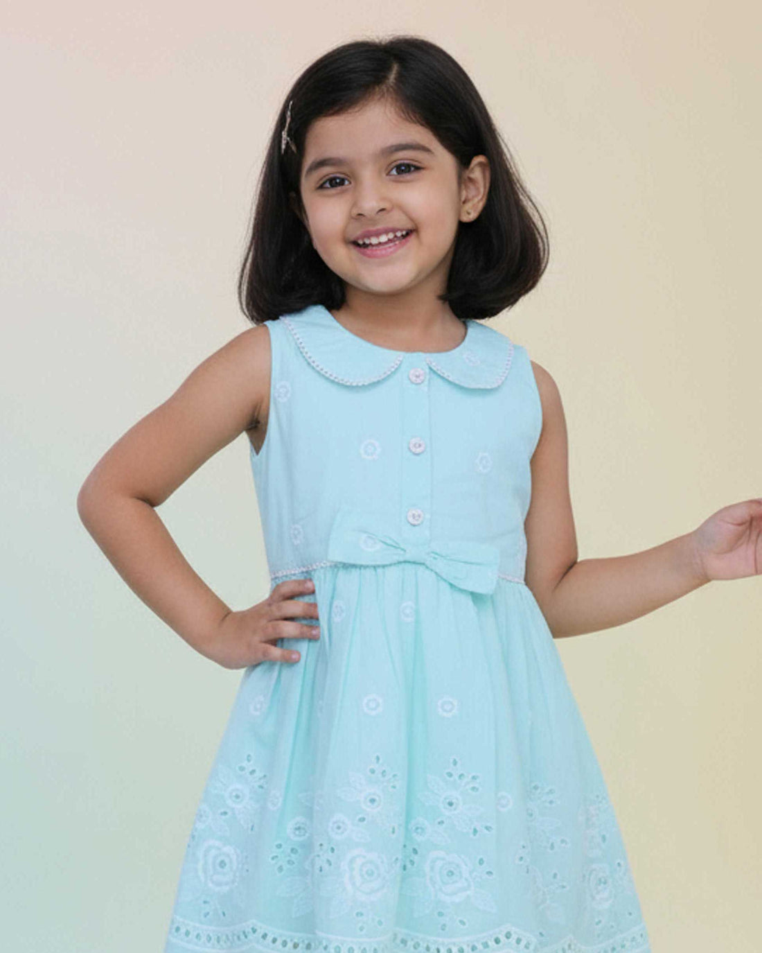 Elegant Embroidered Sleeveless Kids Frock with Peter Pan Collar and Bow Waist Design - Blue